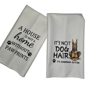 Dog Towels - White Doberman pincher dog glitter kitchen towel set